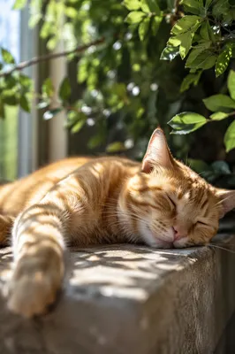 Sleeping Ginger Cat in Sunlit Window