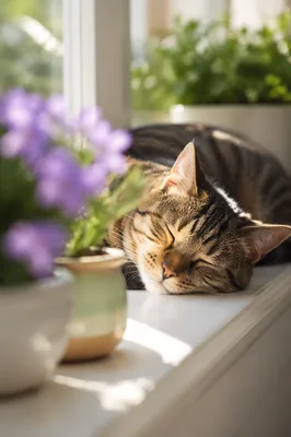 Peaceful Tabby Cat in Morning Sunlight