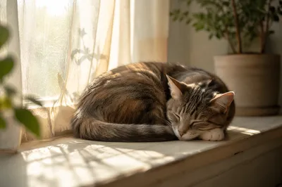 Sleeping Cat on Sunlit Windowsill