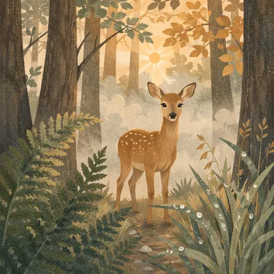 Young Deer in Misty Morning Forest