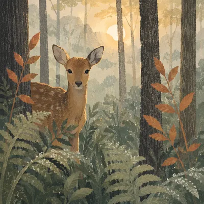 Young Deer in Misty Forest Dawn