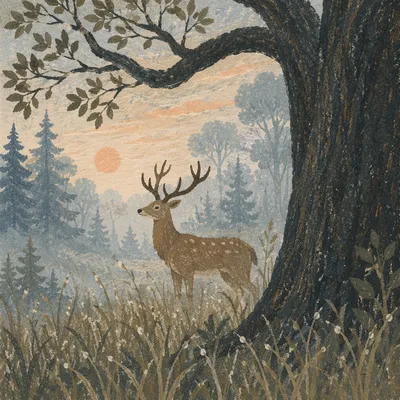 Stag in Misty Forest at Dawn