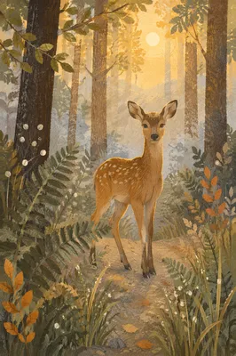 Young Deer in Misty Forest Dawn