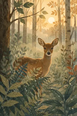 Young Deer in Misty Forest Dawn