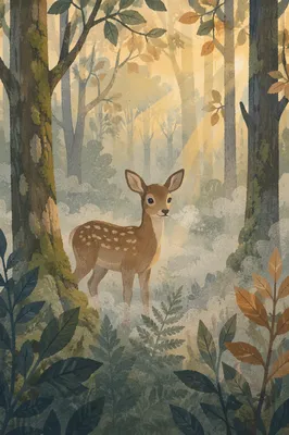 Young Deer in Misty Forest Dawn