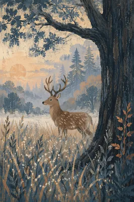 Stag Deer in Misty Forest Dawn
