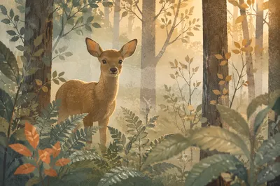 Young Deer in Misty Forest Dawn