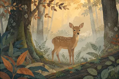 Young Deer in Misty Forest Dawn