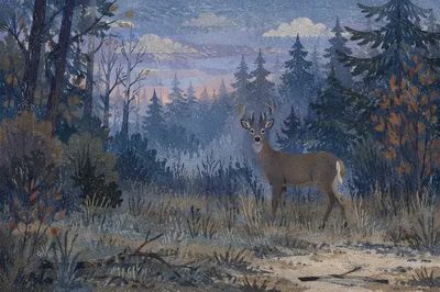 White-Tailed Buck in Misty Forest Dawn