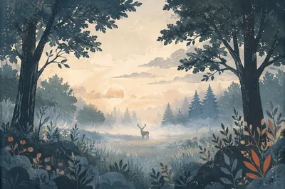 Solitary Stag in Misty Forest Dawn