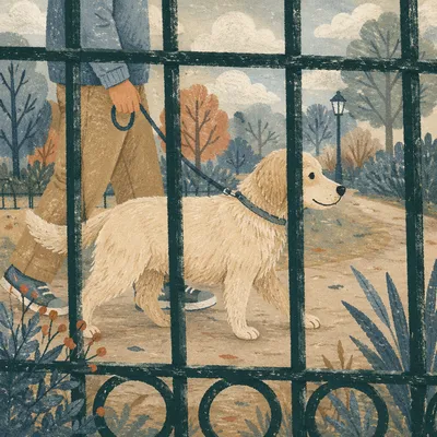 Retriever Walking With Owner Through Park Fence