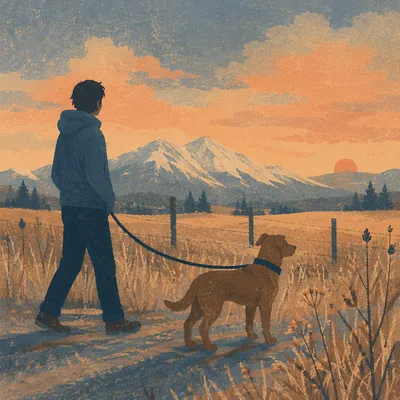 Dog and Owner Walking at Dusk