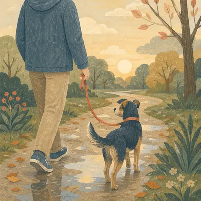Dog and Owner Walking in Rainy Park