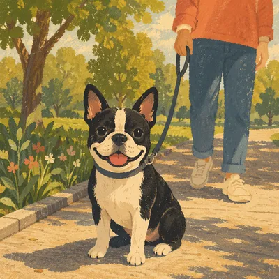 Bulldog Walking With Owner in Sunny Park