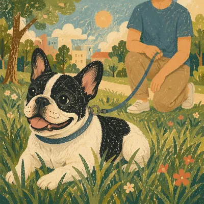 Happy Bulldog on Peaceful Park Walk