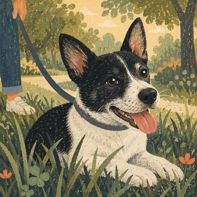 Happy Leashed Dog Resting in Park Grass