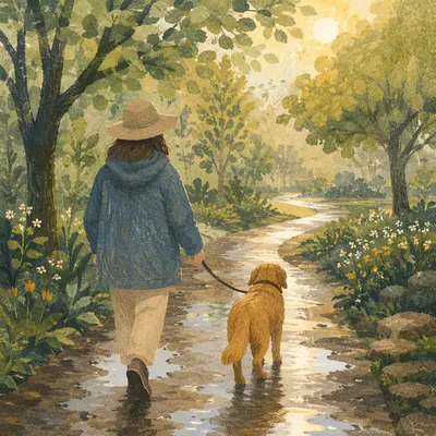 Peaceful Dog Walk After Spring Rain