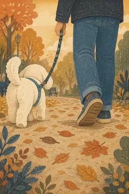 White Dog Walking With Owner in Autumn Park