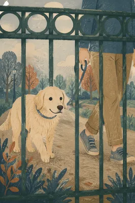 Retriever Walking With Owner in Quiet Park