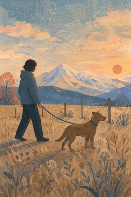 Dog and Owner Walking at Dusk