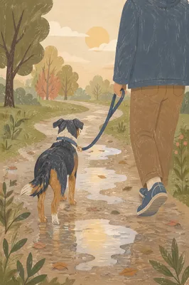Dog and Owner Walking in Rainy Park