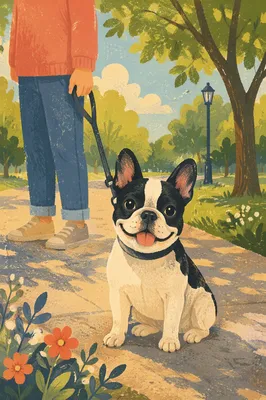 Cheerful Bulldog Walk in Sunlit Park