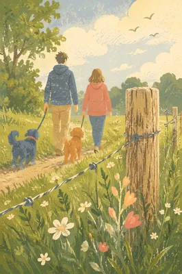 Leashed Dogs Walking Through Sunlit Park