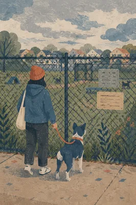 Owner Walking Dog Beside Park Fence