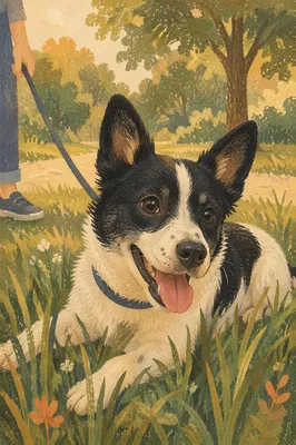 Happy Leashed Dog Resting in Park Grass