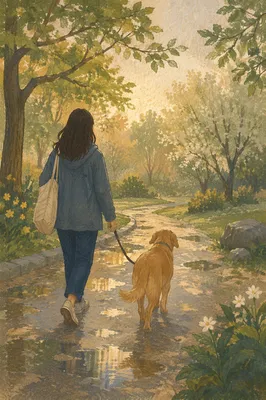 Peaceful Dog Walk After Spring Rain