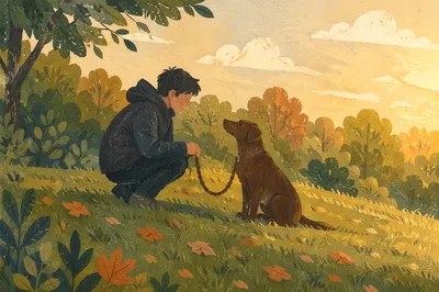 Warm Park Walk With Dog and Owner