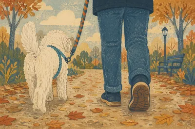 Peaceful Dog Walk on Autumn Park Path