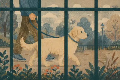 Leashed Retriever Walking Through Quiet Park