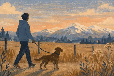 Peaceful Dog Walk Through Dusk Meadow