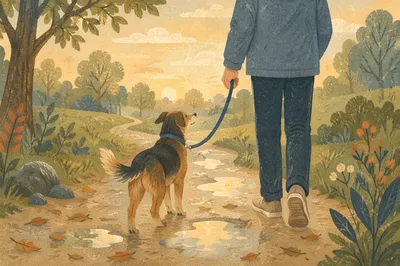 Dog and Owner Walking After Rain