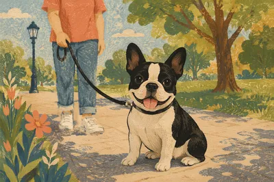 Bulldog Walking With Owner in Sunny Park
