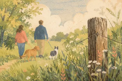 Leashed Dogs Walking Through Sunny Park Meadow