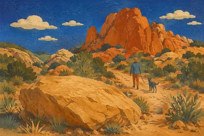 Peaceful Desert Walk With Dog and Owner