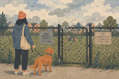 Calm Dog Walk Beside Park Fence