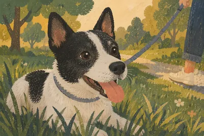 Happy Leashed Dog Resting in Park Grass