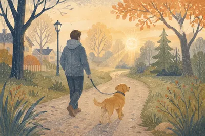 Morning Park Walk with Dog and Owner