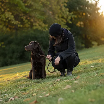 Owner and Chocolate Dog in Sunny Park