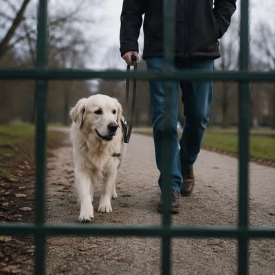 Retriever Walking Beside Owner in Quiet Park