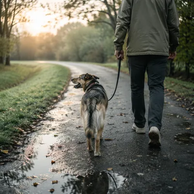 Dog and Owner Walking After Rain