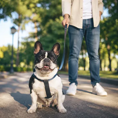 Bulldog Walking With Owner in Sunny Park