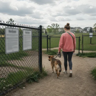 Dog and Owner Walking by Park Fence