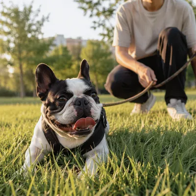 Happy Bulldog on Peaceful Park Walk