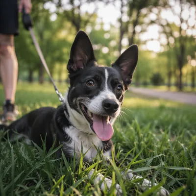 Happy Leashed Dog Resting in Park Grass