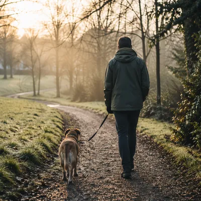 Morning Park Walk With Dog and Owner