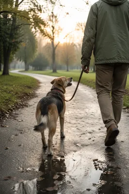 Dog and Owner Walking After Rain